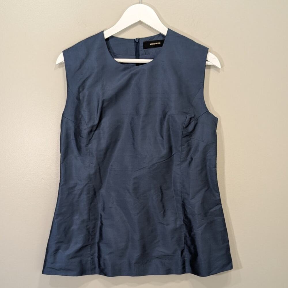 Wood Wood 100% Silk Sleeveless Top Slate Blue Architectural Minimalist Size 8